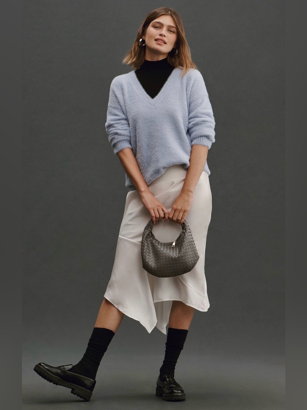 Anthropologie V-Neck Eyelash Tunic Sweater in Blue